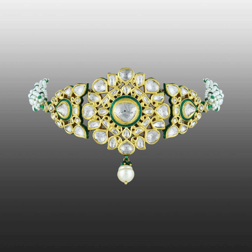 Floral Polki Choker with Green Enamel & Pearl Strands